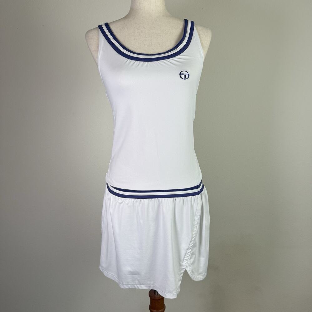 Sergio Tacchini White Mini Tennis Dress with Navy Stripe Accents